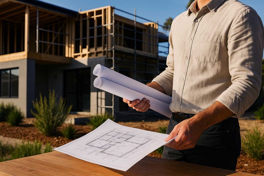 Builder holding blueprints in front of a custom home under construction in Perth