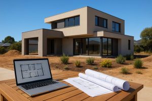Modern custom home under construction in Perth with blueprints on table