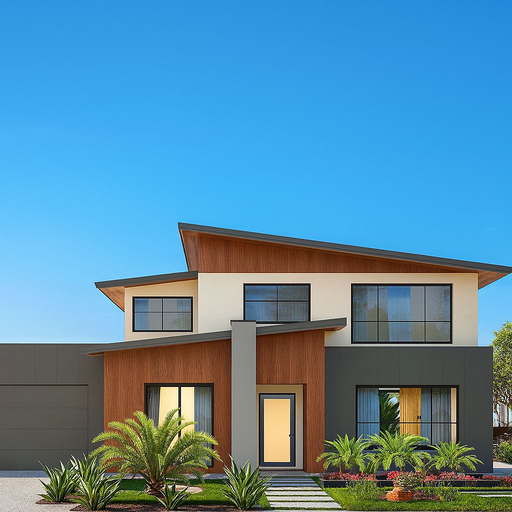 Modern two-storey custom home with clear blue sky and landscaped front garden